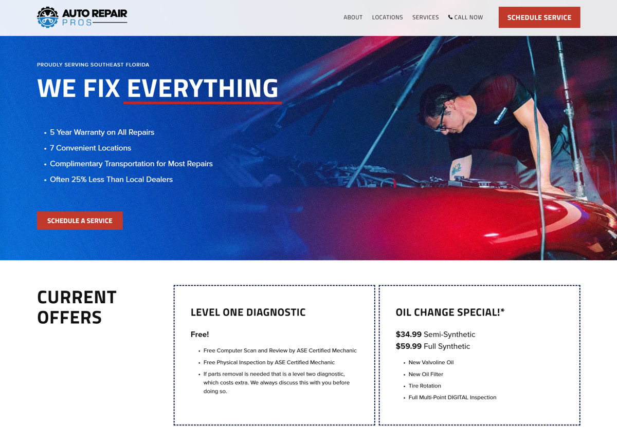 Screenshot of Auto Repair Pros, from the auto repair websites collection.