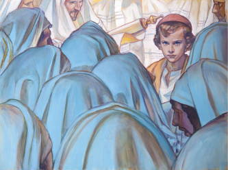 Paintinf of young Jesus teaching officials in the temple.