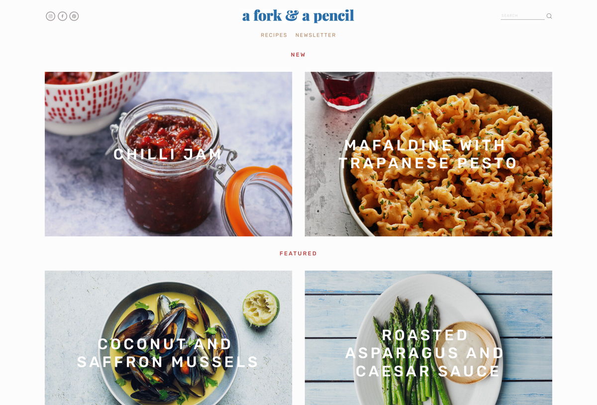 Screenshot of A Fork & a Pencil, from the squarespace websites  collection.