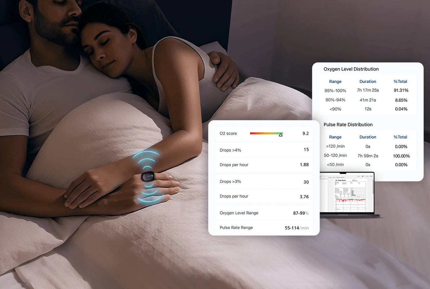 Wellue O2Ring-S ring oximeter monitoring sleep oxygen and heart rate with mobile and PC report visualization