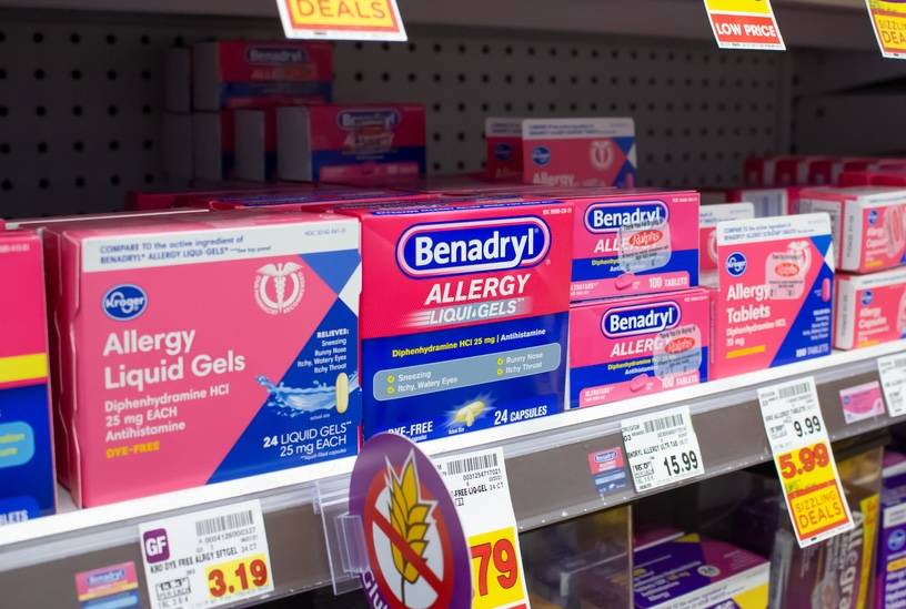 Benadryl medication on pharmacy shelf
