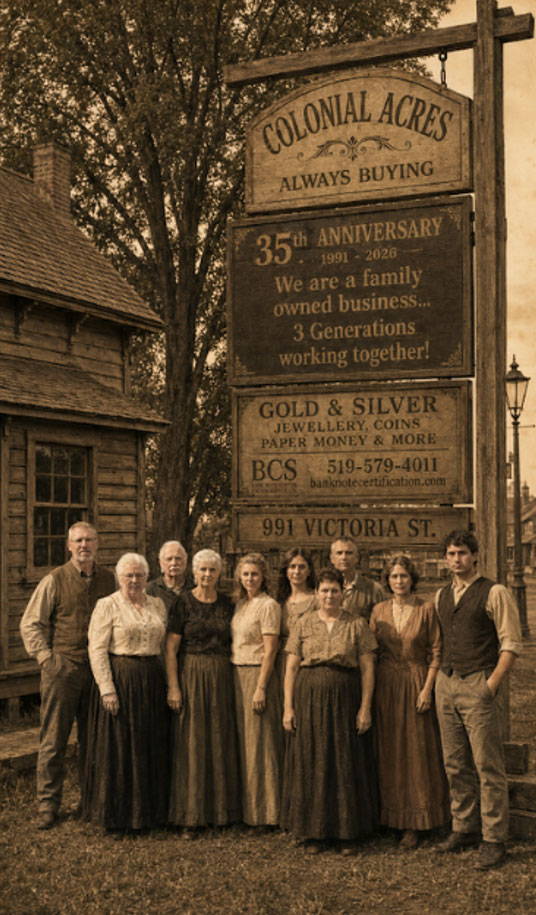 Historical sepia portrait of nine people in 19th-century attire standing before a large wooden sign for 'Colonial Acres - 35th Anniversary 1991-2026