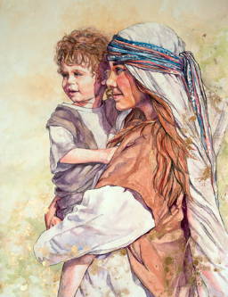 Mary holding baby Jesus, watching for Joseph's return.