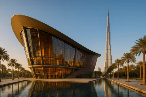 The striking Dubai Opera building with its curved roof and glass facade stands beside a pool reflecting palm trees, with the tall Burj Khalifa in the distance at sunset.