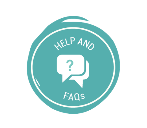 Image of a turquoise, circular Ducky Zebra icon with the text: "Help and FAQs"