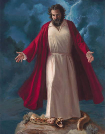 Jesus standing on the neck of a large serpant.