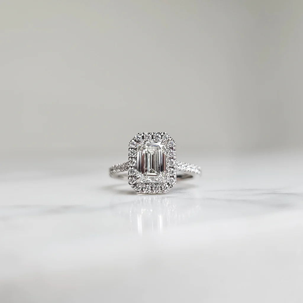 Emerald Cut Halo Engagement Ring - 2.14ct