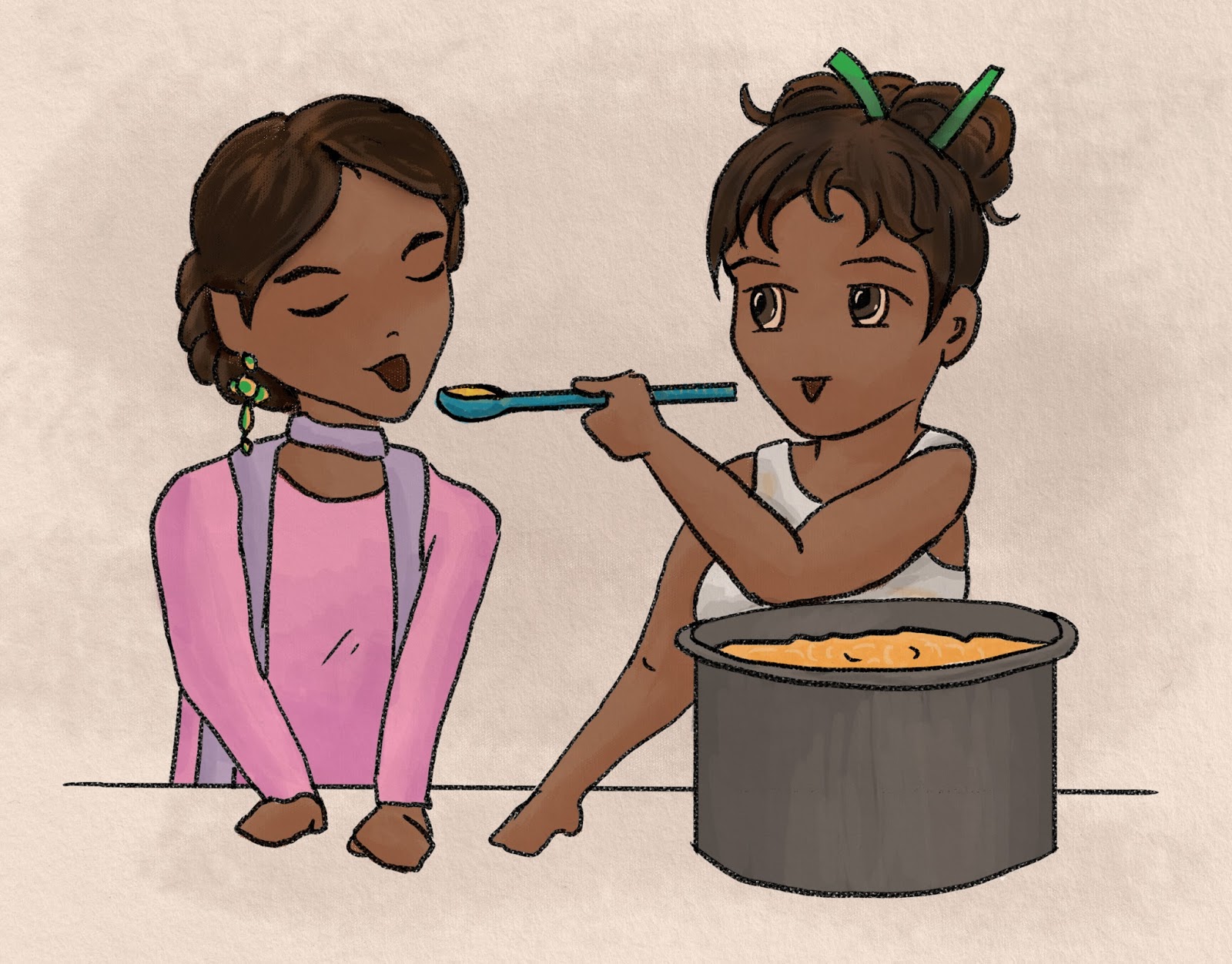 Image of Aviva giving Queen Shulamit a taste of food she made in a pot. Both are darker skin and are wearing light colors.