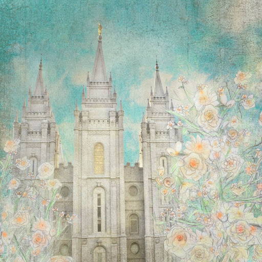 Salt Lake Temple with painted white flowers in the forefront.