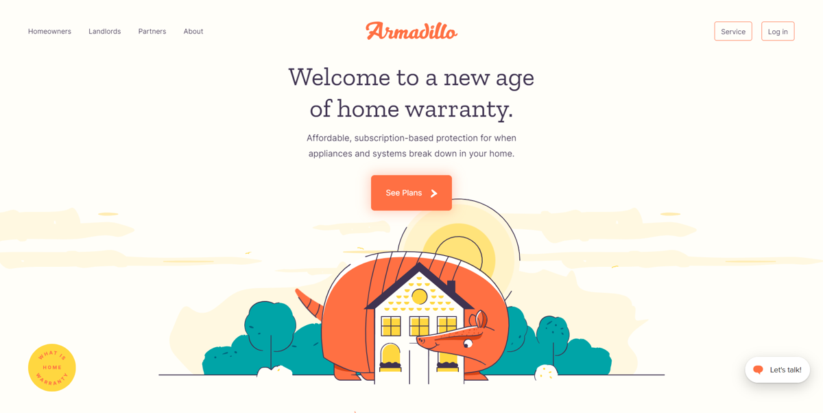 Screenshot of Armadillo Home Warranties, from the saas websites collection.