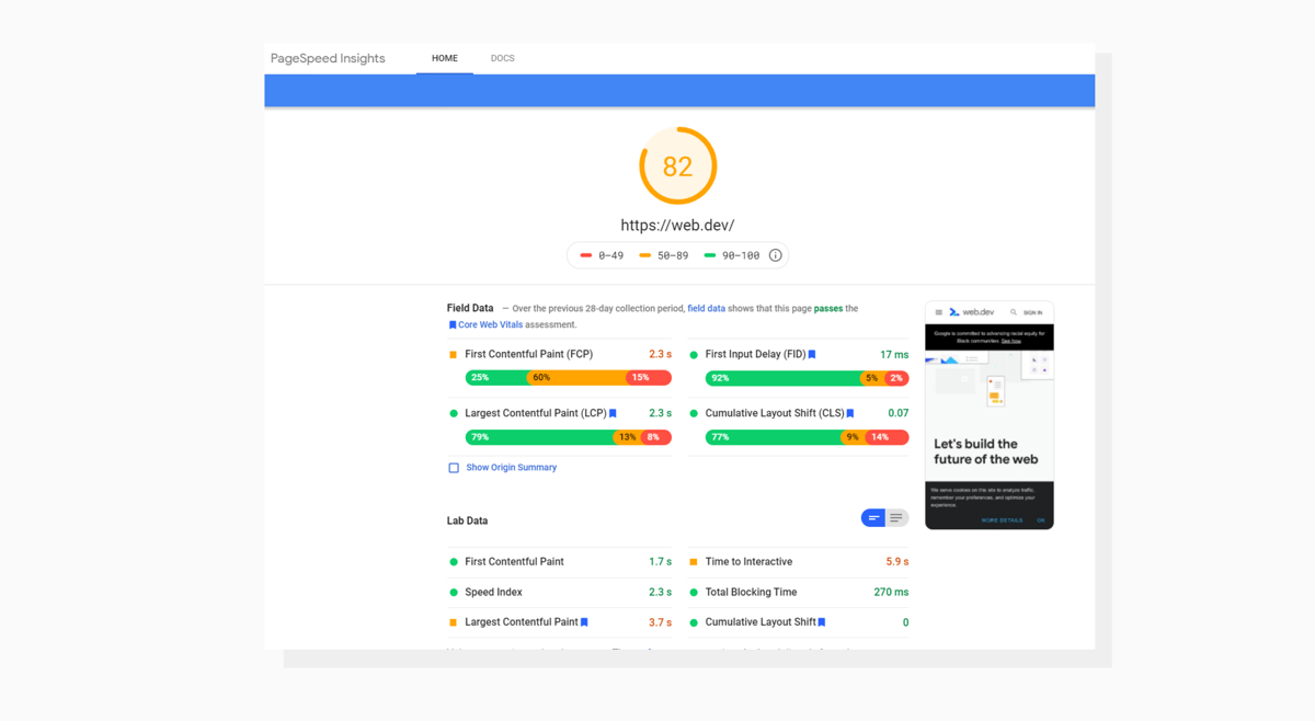 Results provided by Google PageSpeed Insights powered by Lighthouse. Google PageSpeed Insights interface screenshot