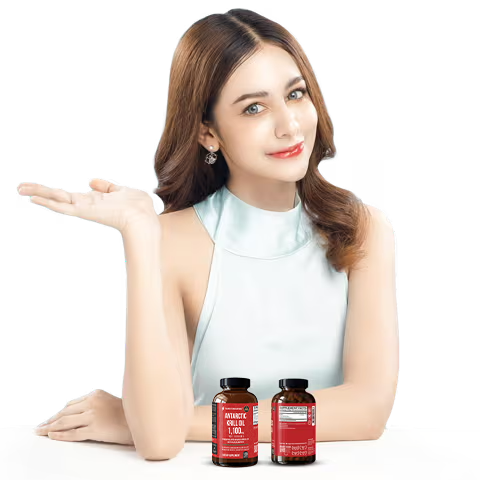 beautiful lady with two bottle of krill oil singapore in front of her