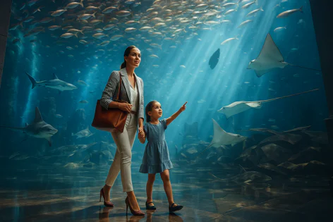 Mother and young daughter stand captivated, watching sharks, stingrays, and schooling fish swim in a large, sunlit aquarium tank.