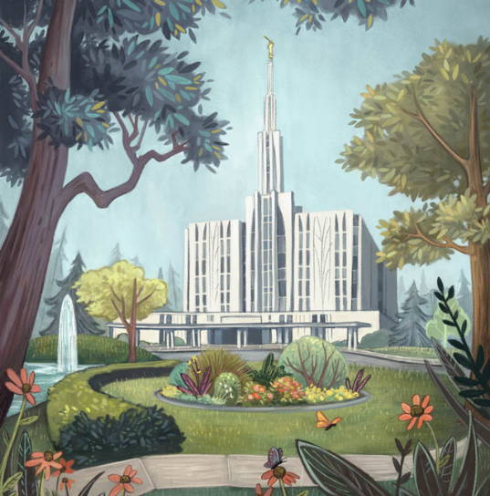 Cheerful painting of the Seattle Temple and grounds. Butterflies hoever over the flowers. 