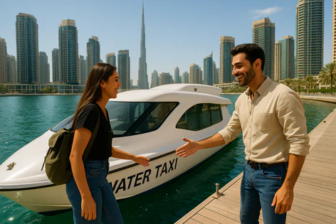 A man and a woman greet each other by a white water taxi docked at a pier. Tall buildings and the Burj Khalifa rise in the background, with a blue sky overhead.
