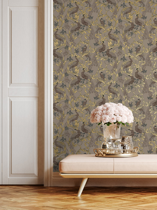 Brown & Gold Vintage Peacock Wall Mural - Feathr Wallpapers
