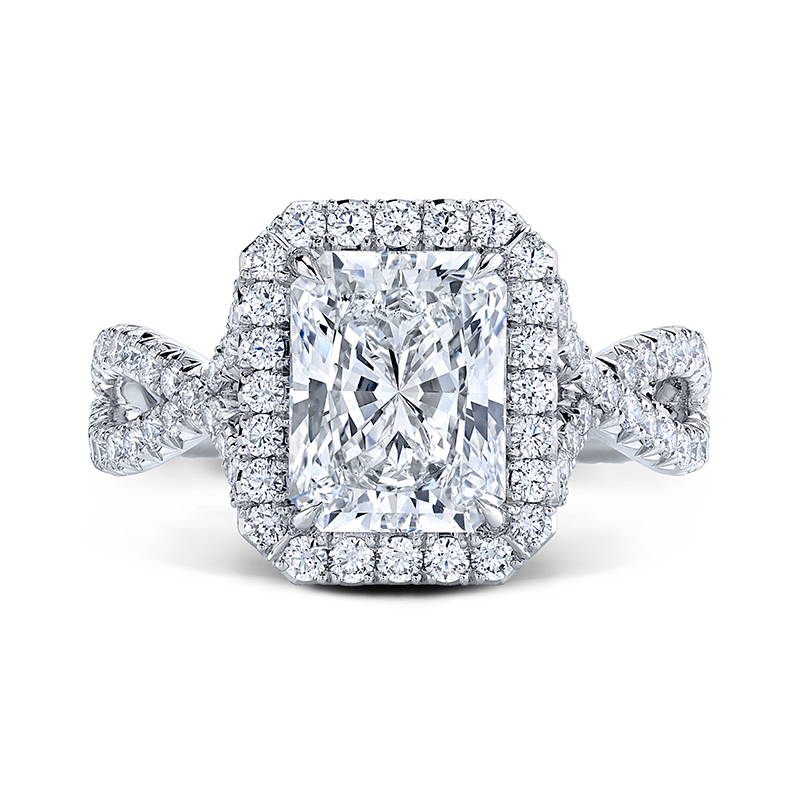 radiant cut diamond ring with halo and ribbon shank