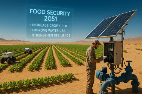 A man monitors solar-powered irrigation on a futuristic farm with autonomous robots. A screen shows "Food Security 2051" goals: Increase Crop Yield, Improve Water Use, Strengthen Resilience.