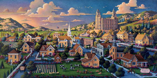 Painting of early Manti Utah with the temple on the hill.
