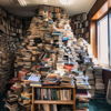 Una montaña de libros en el centro de una biblioteca