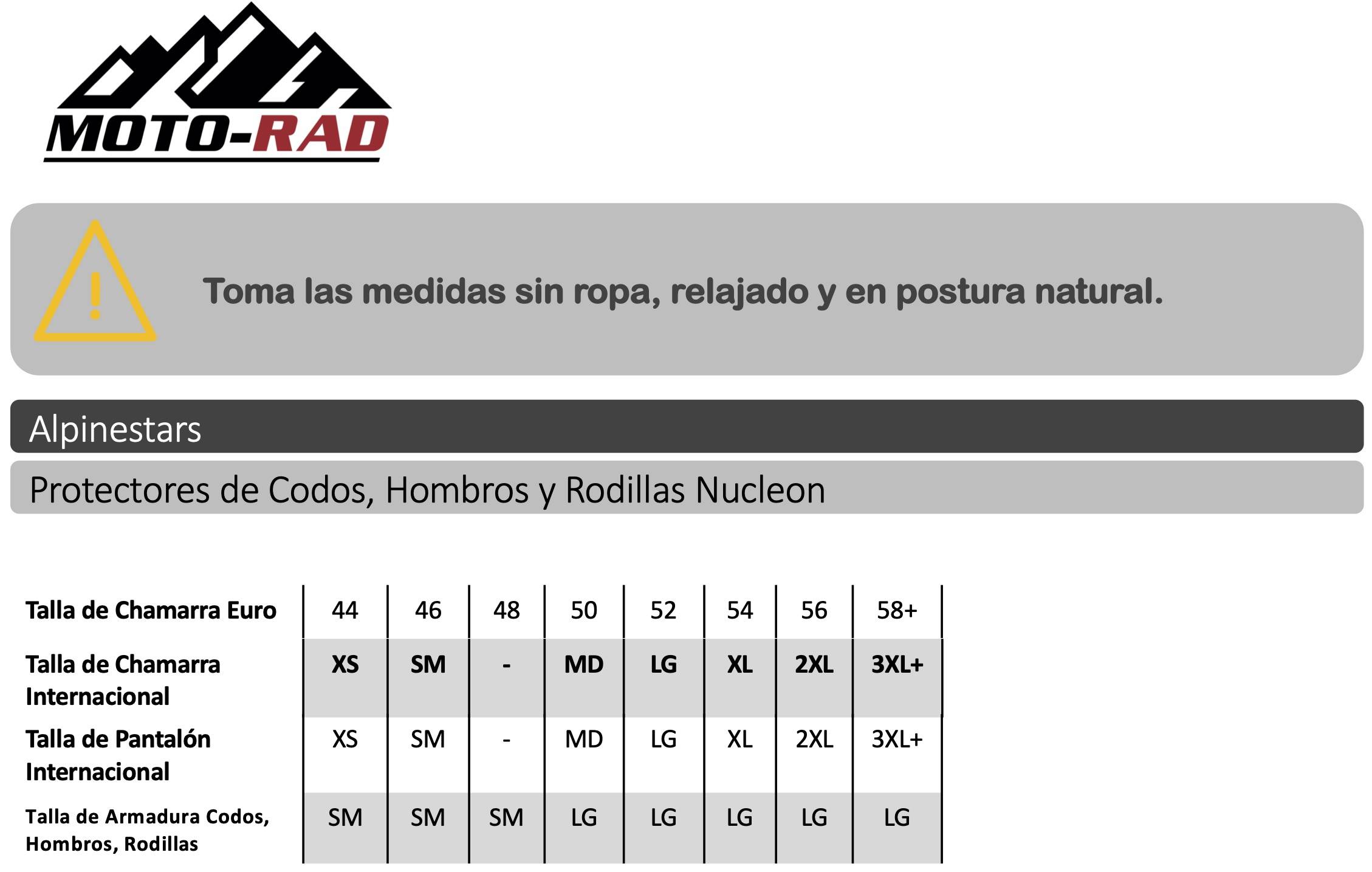 Guia de Tallas protector de codos, hombros y rodillas Alpinestars