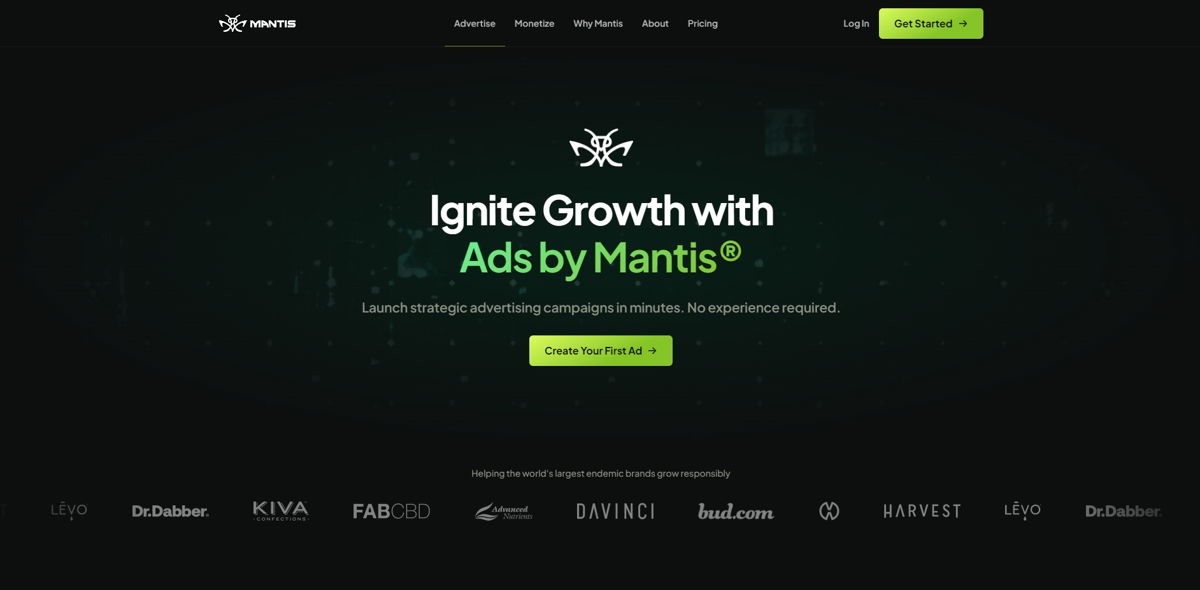 Screenshot of Mantis Ad Network , from the  framer websites collection.
