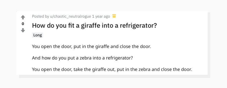 A joke about a giraffe and a refrigerator on Reddit