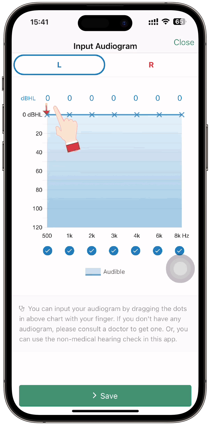 Audiogramm-Eingabebildschirm in der Wellue-App, der es Benutzern ermöglicht, die Frequenzschwellen für jedes Ohr manuell anzupassen