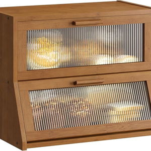 GHWIE Double Layer Bamboo Bread Box for Kitchen Counter,Large Capacity Bread Storage Bin,Bread Container with Acrylic Wavy Door Panel (Brown, Medium)