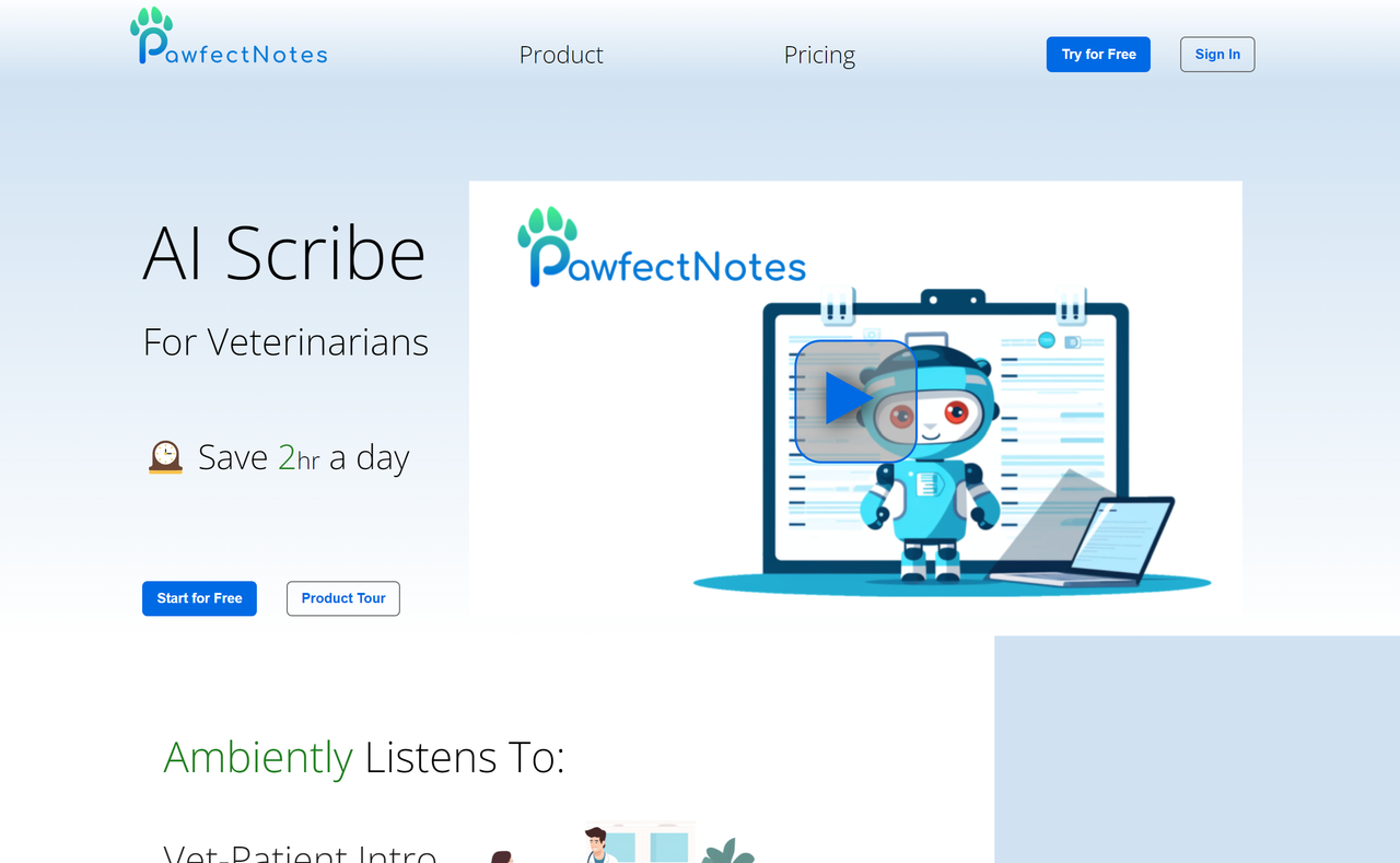 Screenshot of Pawfect Notes's website landing page, an AI scribe