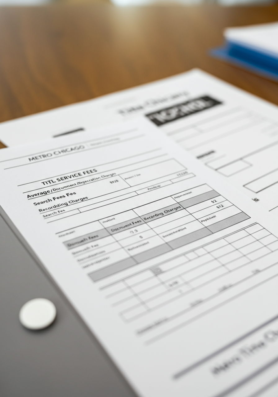 A close-up of a Metro Chicago closing statement highlighting the title service fees section with the $928 average cost itemized into search fees, document preparation, and recording charges. A title company's branded folder and closing checklist are visible nearby.