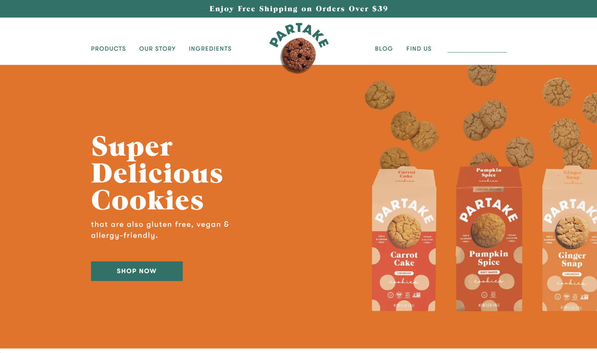 Screenshot of Partake, from the ecommerce websites collection.