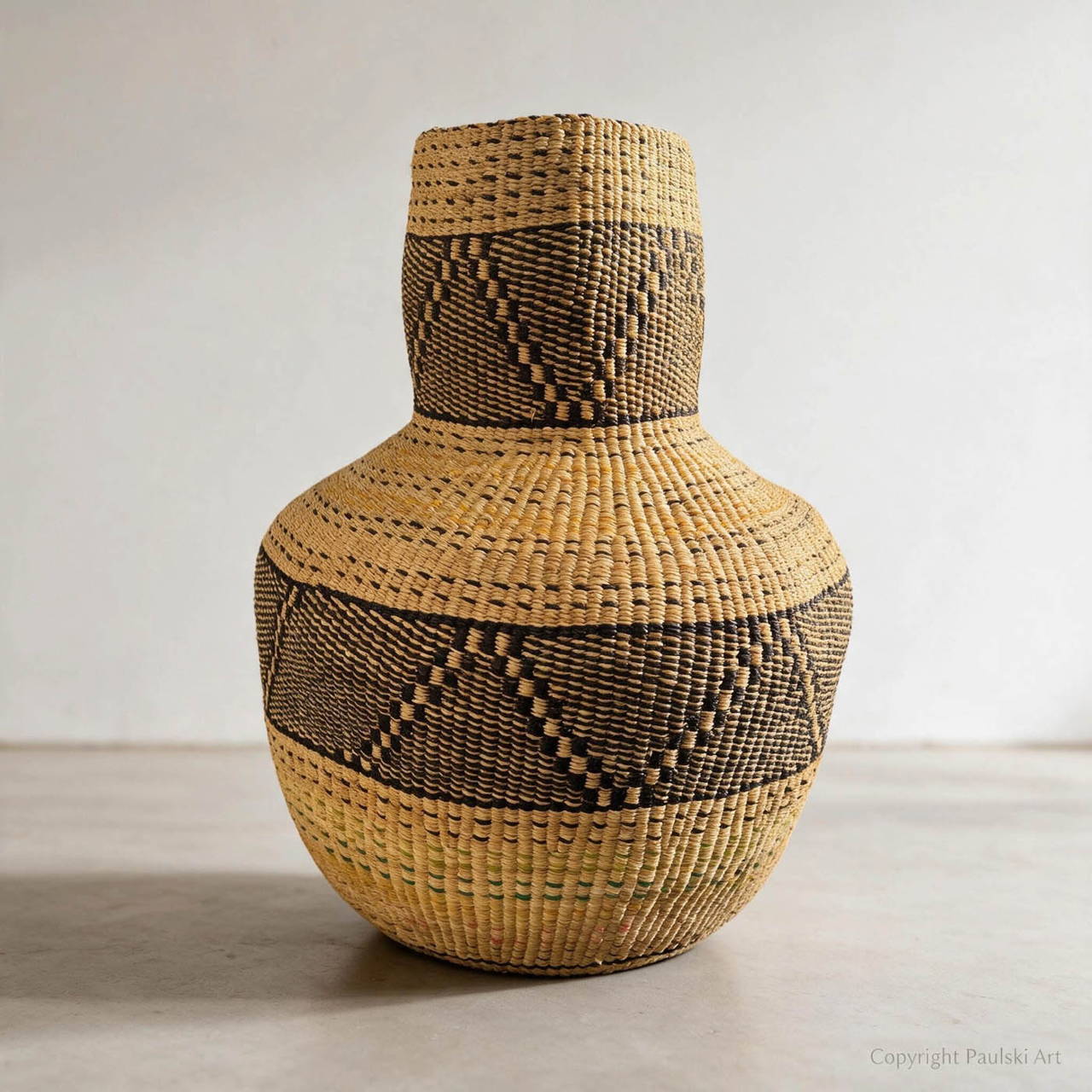 Natural woven basket styled in an elevated home interior