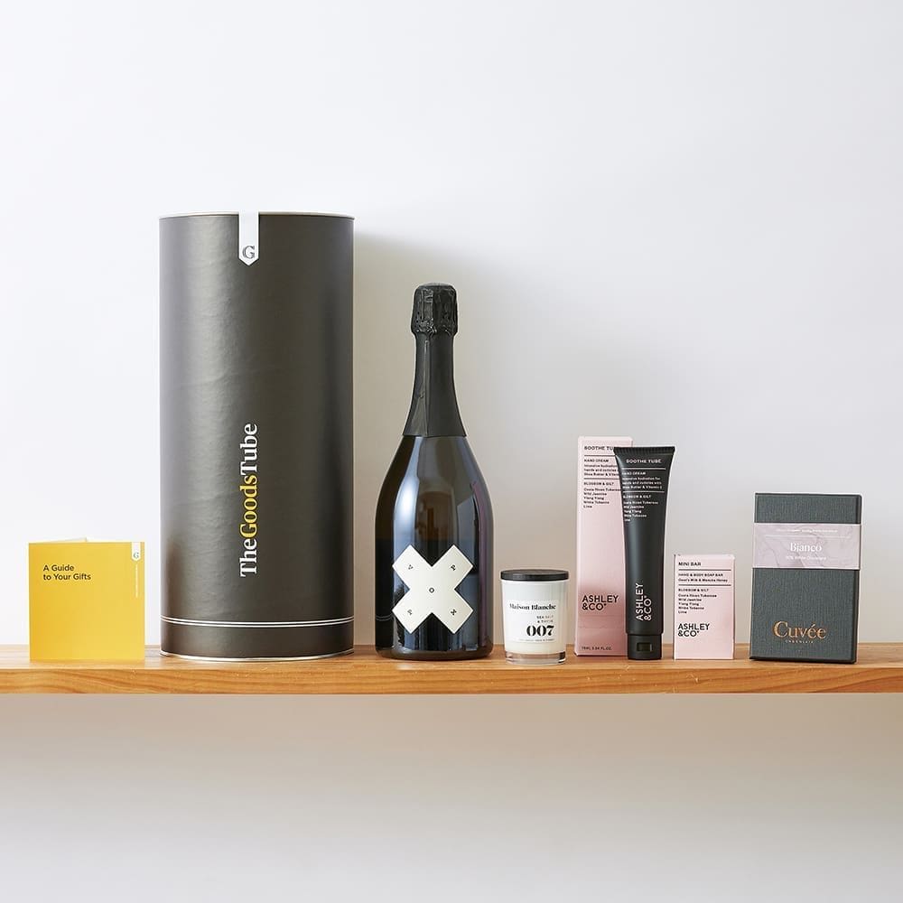 Sparkling Pamper Tube_Voxpop Sparkling Pinot Noir Ashely and Co Handcream Maison Blanche Candle