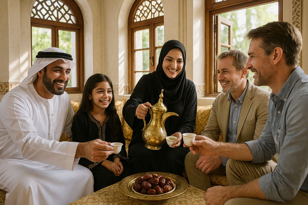 Happy diverse group smiling while sharing Arabic coffee and dates together in a traditional room with arched windows.