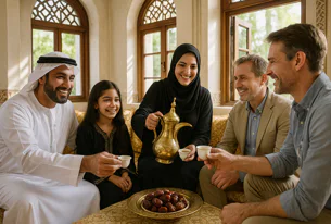 Happy diverse group smiling while sharing Arabic coffee and dates together in a traditional room with arched windows.