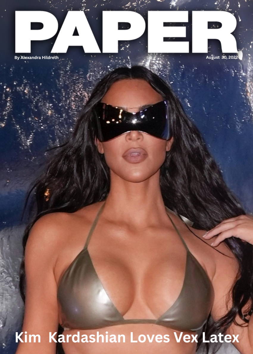 Kim Kardashian wearing silver latex look by Vex Clothing on the cover of Paper Magazine.