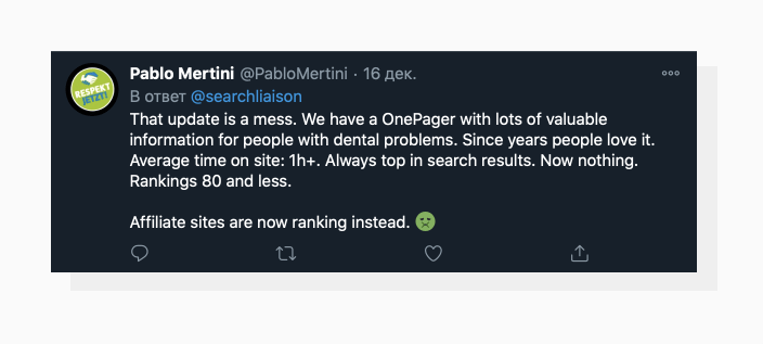 There were a lot of users asking Google to reverse the update because the results lacked logic. A Twitter user complains about the core update results for their webpage