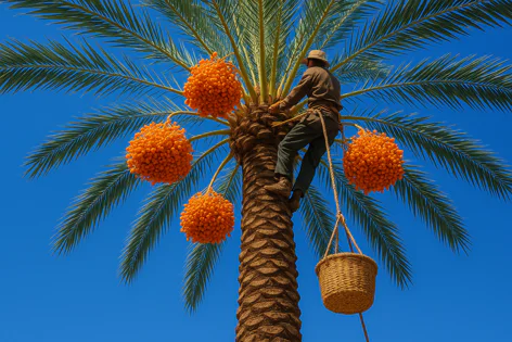 A worker climbs a date palm tree with large clusters of bright orange unripe dates hanging below the fronds against a clear blue sky.