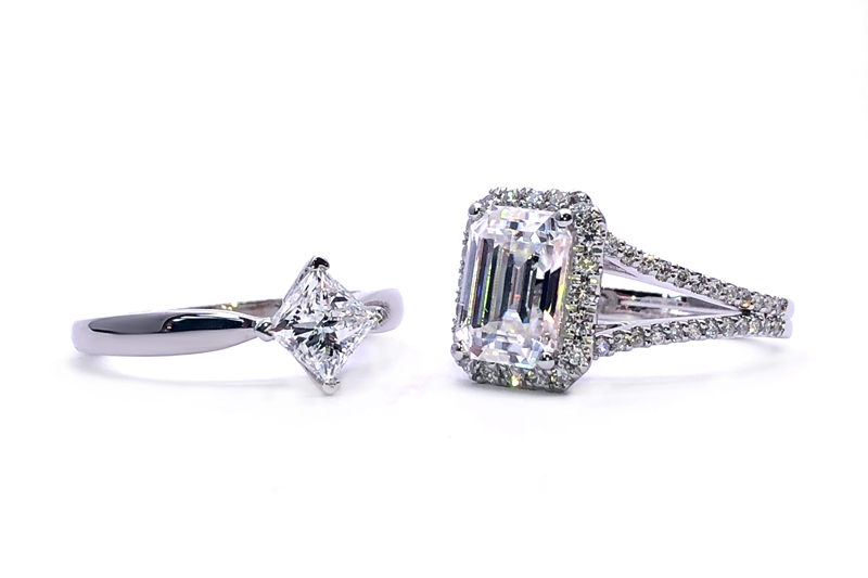 duo solitaire and halo ring with moissanite