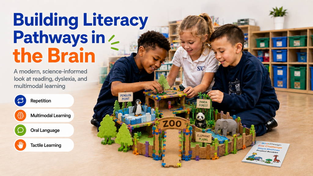 kids building a cardboard model zoo with literacy content
