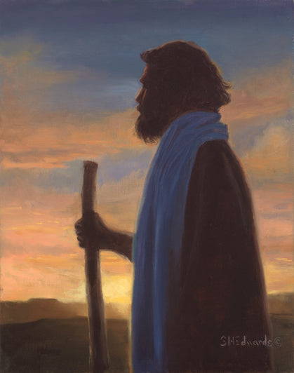 Painting of Jesus as a shepherd silhouetted against a sunset.
