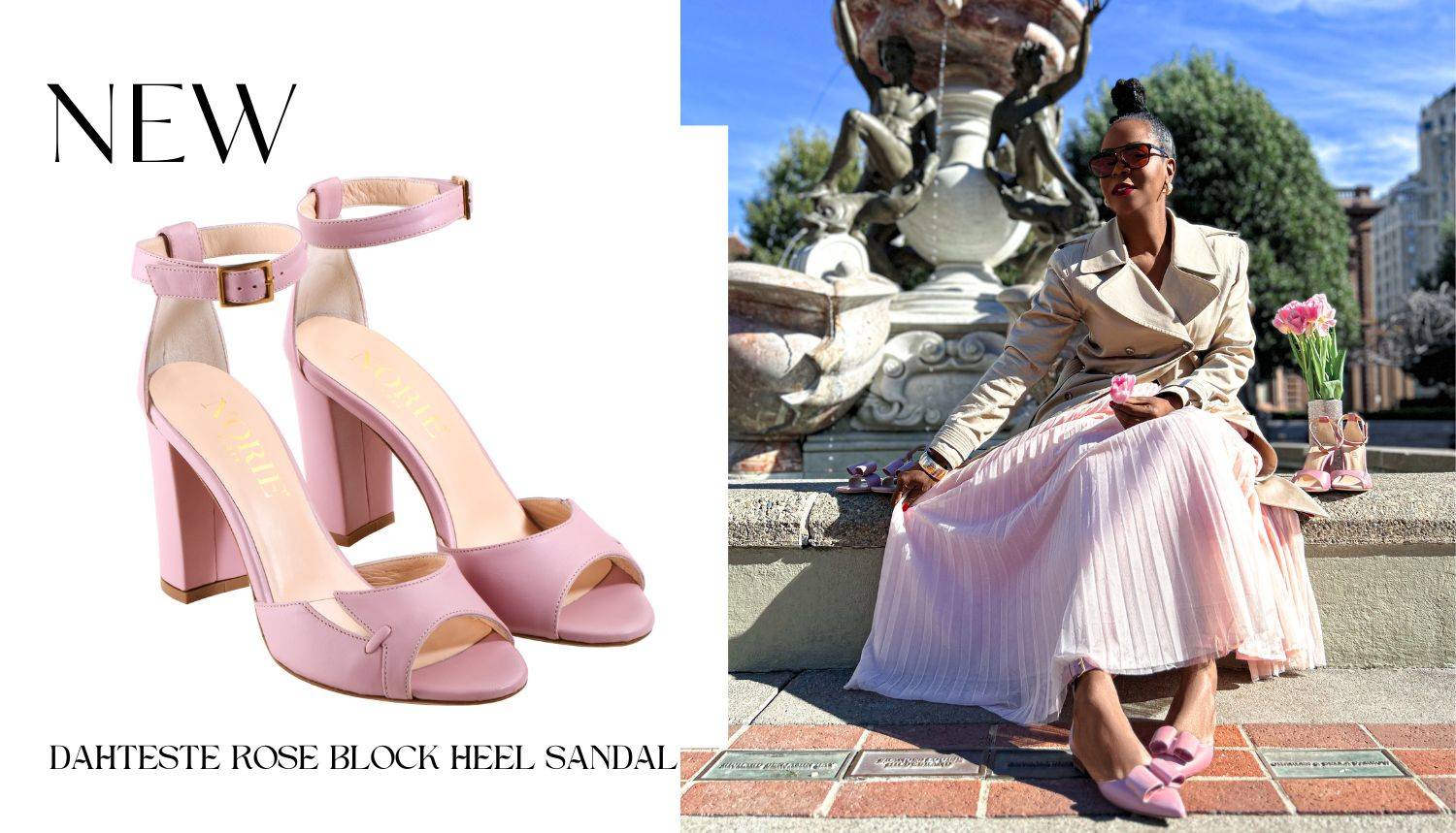African American woman sits on the side of a fountain wearing pink skirt and brown jacket, showing off her pink spring luxury italian The Standard sandals. Side image is of Rose Dahteste The Standard Block Heel Sandals with ankle strap.