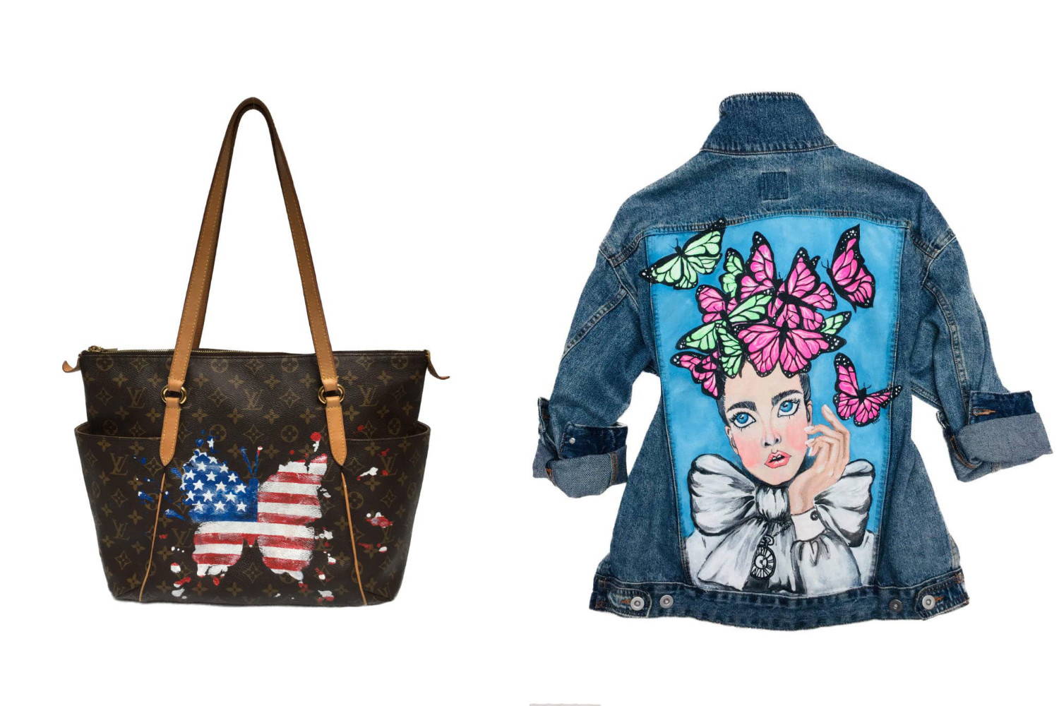 Custom-painted LV bag and a denim jacket