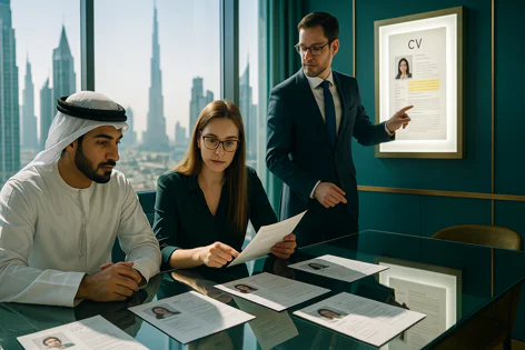 Three business professionals, including a man in traditional wear, reviewing resumes in an office with a cityscape view. One person points to a large framed CV on the wall.