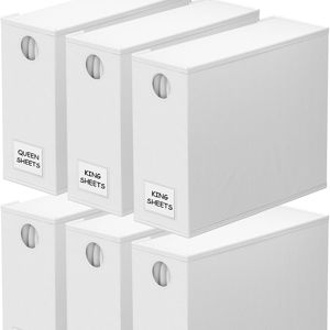 SpaceAid 6 Pack Bed Sheet Organizers and Storage, Foldable Sheet Organizer for Linen Closet, Sheets Set Folder Keeper with Window XL (Queen & King Size) Bedding Container, (White, 6 Pack)