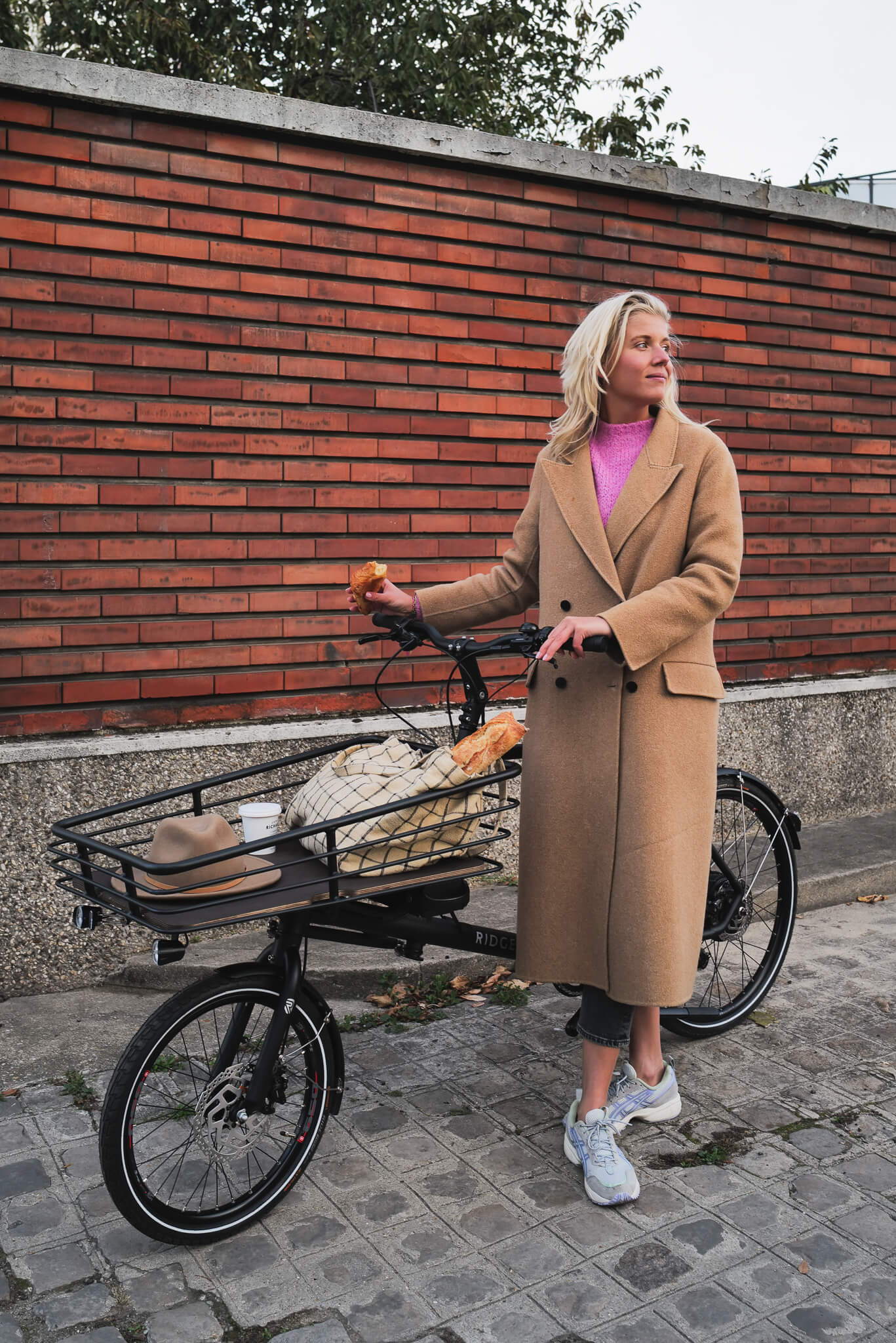 Young mother doing her shopping after dropping off her children on her cargo bike.