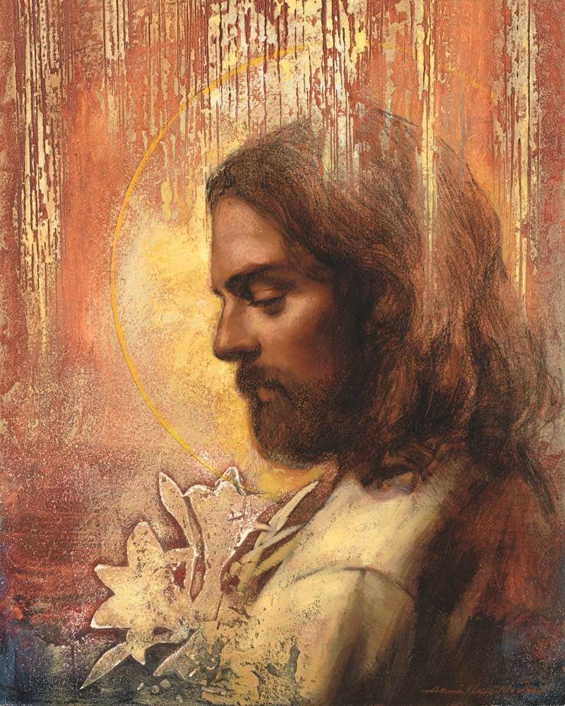 Stucco-style portrait of Jesus. Various textures overlap the image.