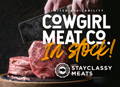 Cowgirl Meat Co. In Stock Now. Stay Classy Meats. Person cutting Chuck Roast with vintage butcher's cleaver on a cutting board with some pink rock salt, next to another roast tied up.