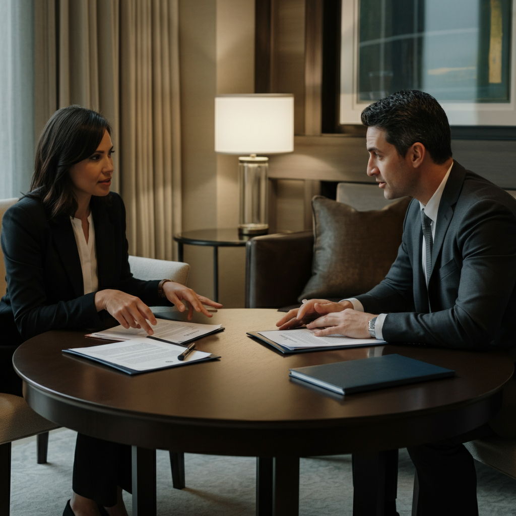 An effective negotiation scene in a sophisticated Gold Coast condominium living room. Two parties sit at a comfortable distance across an elegant coffee table with documents spread between them. Body language shows active listening and consideration, with both sides reviewing the same document. The atmosphere conveys mutual respect and problem-solving.